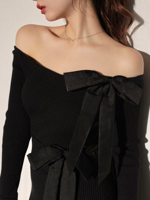Double ribbon off shoulder knit long onepiece(eme10724)