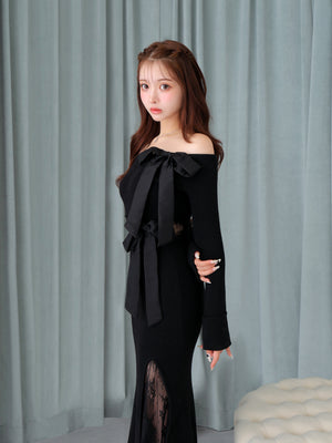 Double ribbon off shoulder knit long onepiece(eme10724)