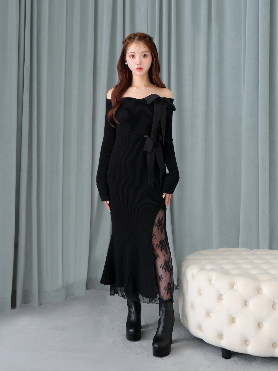 Double ribbon off shoulder knit long onepiece(eme10724) – M me eme