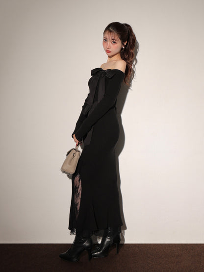 Double ribbon off shoulder knit long onepiece(eme10724)