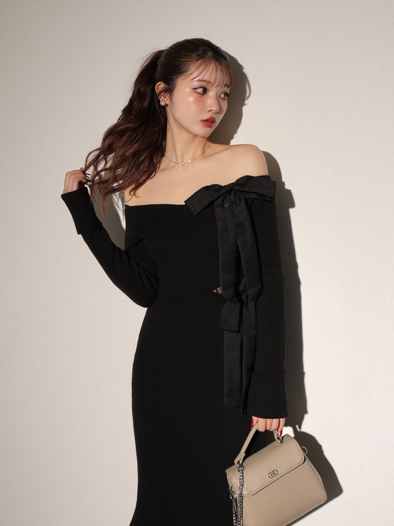 Double ribbon off shoulder knit long onepiece(eme10724)