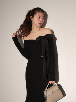 Double ribbon off shoulder knit long onepiece(eme10724)