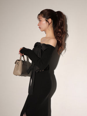 Double ribbon off shoulder knit long onepiece(eme10724)