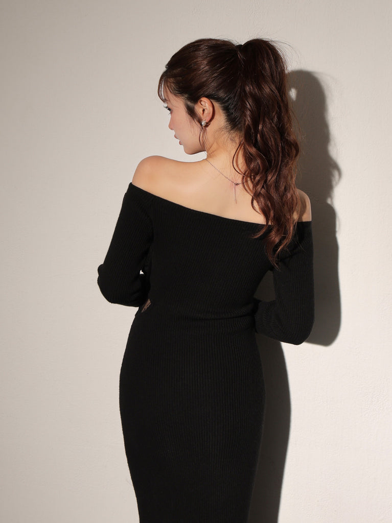 Double ribbon off shoulder knit long onepiece(eme10724)