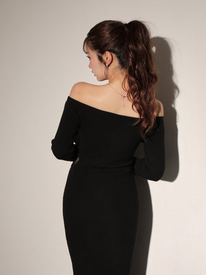 Double ribbon off shoulder knit long onepiece(eme10724)
