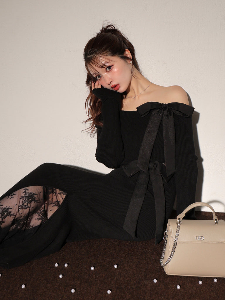 Double ribbon off shoulder knit long onepiece(eme10724)