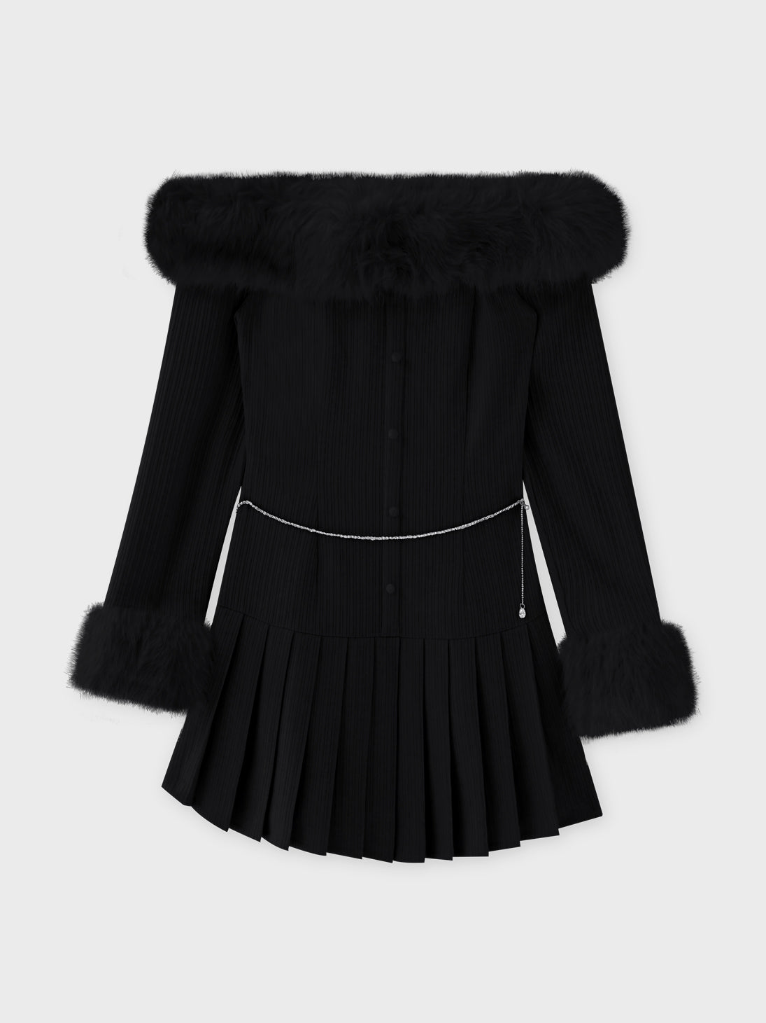 【Pre Order】Off shoulder fur pleated onepiece(eme10731)