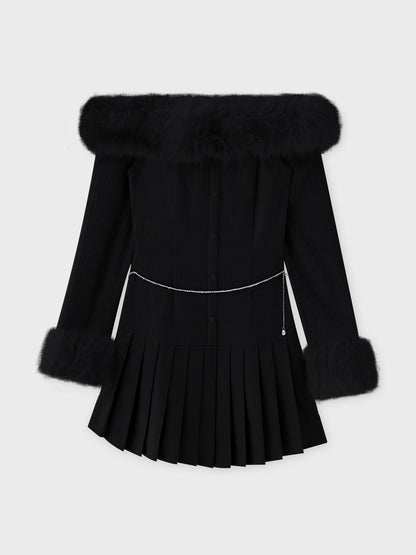 【Pre Order】Off shoulder fur pleated onepiece(eme10731)