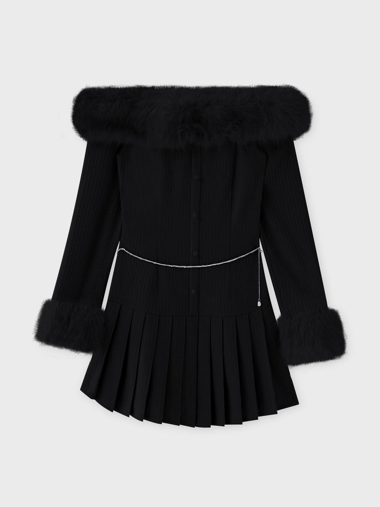 Off shoulder fur pleated onepiece(eme10731)