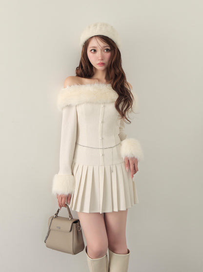 【Pre Order】Off shoulder fur pleated onepiece(eme10731)