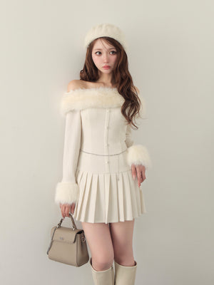 Off shoulder fur pleated onepiece(eme10731)