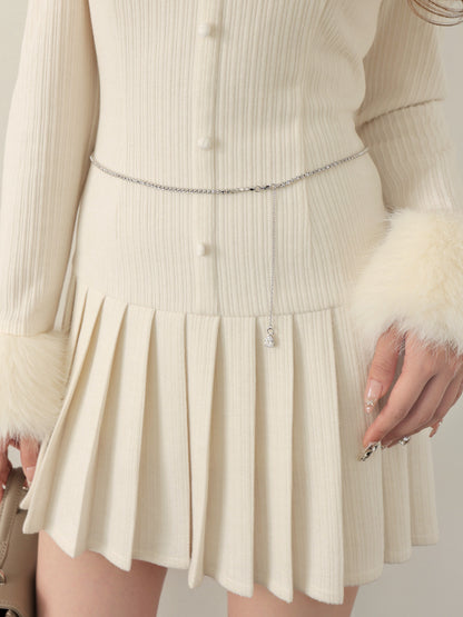 【Pre Order】Off shoulder fur pleated onepiece(eme10731)