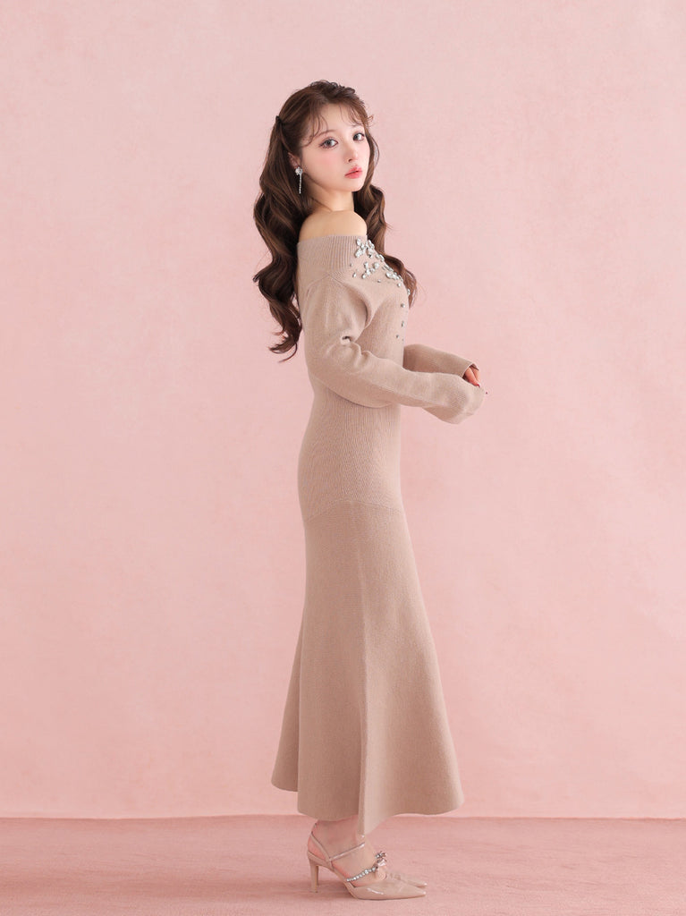 【Pre Order】Jewelry off the shoulder knit  onepiece(eme10734)
