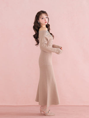 【Pre Order】Jewelry off the shoulder knit  onepiece(eme10734)