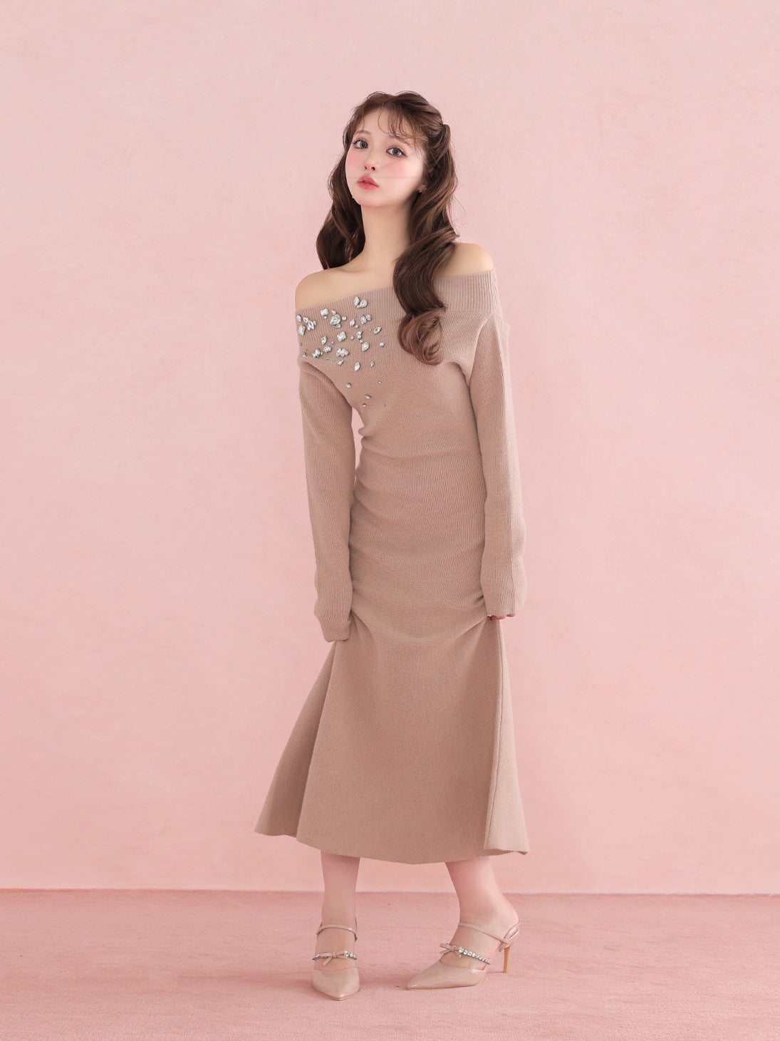 【Pre Order】Jewelry off the shoulder knit  onepiece(eme10734)