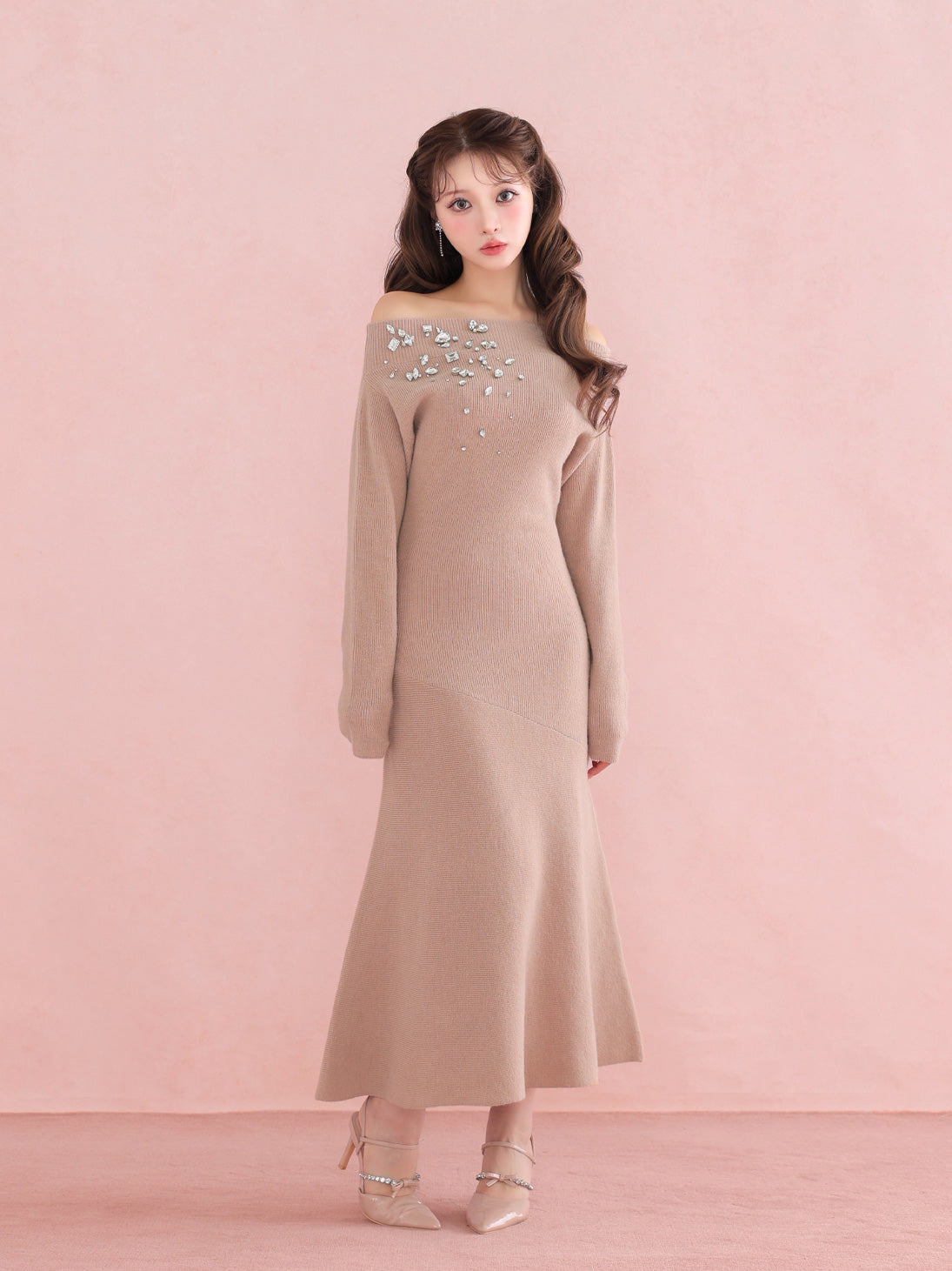 【Pre Order】Jewelry off the shoulder knit  onepiece(eme10734)