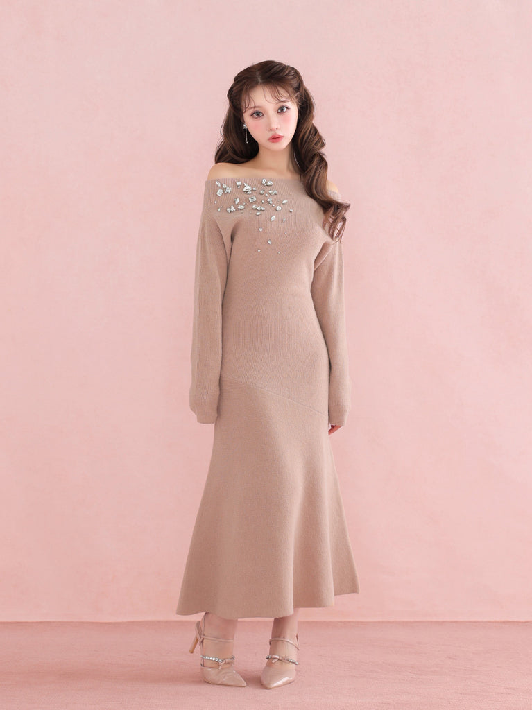 【Pre Order】Jewelry off the shoulder knit  onepiece(eme10734)
