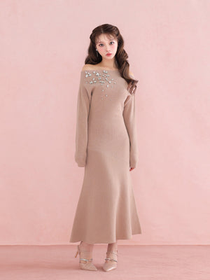 【Pre Order】Jewelry off the shoulder knit  onepiece(eme10734)