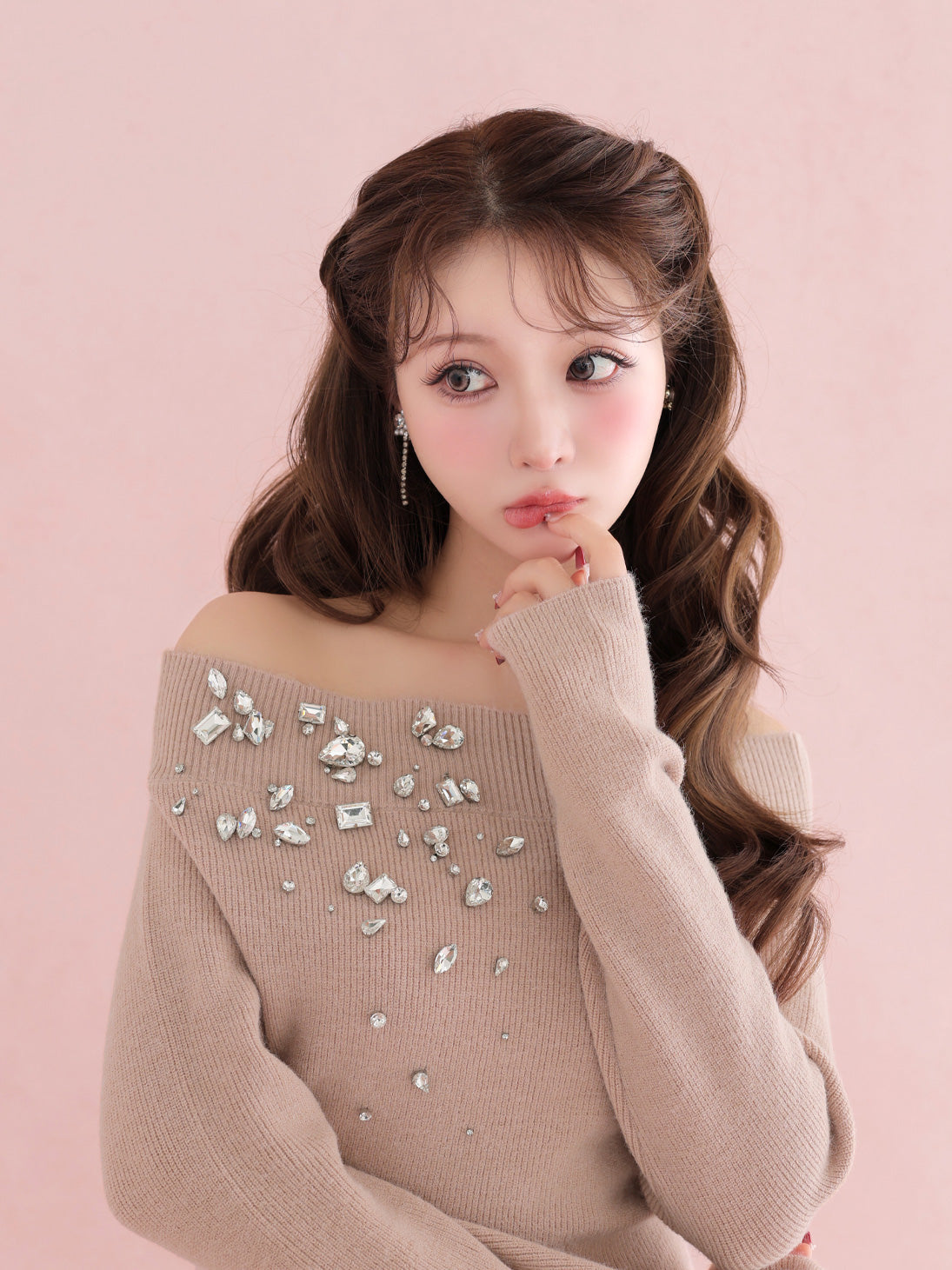 【Pre Order】Jewelry off the shoulder knit  onepiece(eme10734)