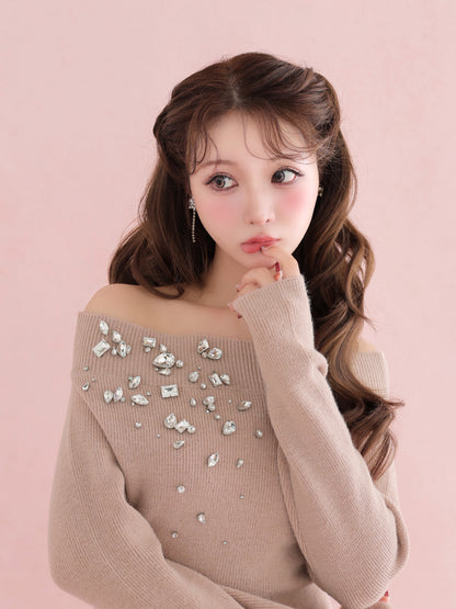 【Pre Order】Jewelry off the shoulder knit  onepiece(eme10734)