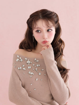 【Pre Order】Jewelry off the shoulder knit  onepiece(eme10734)