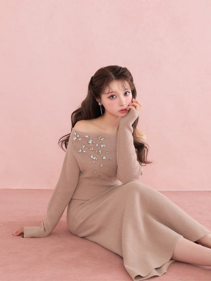 【Pre Order】Jewelry off the shoulder knit  onepiece(eme10734)
