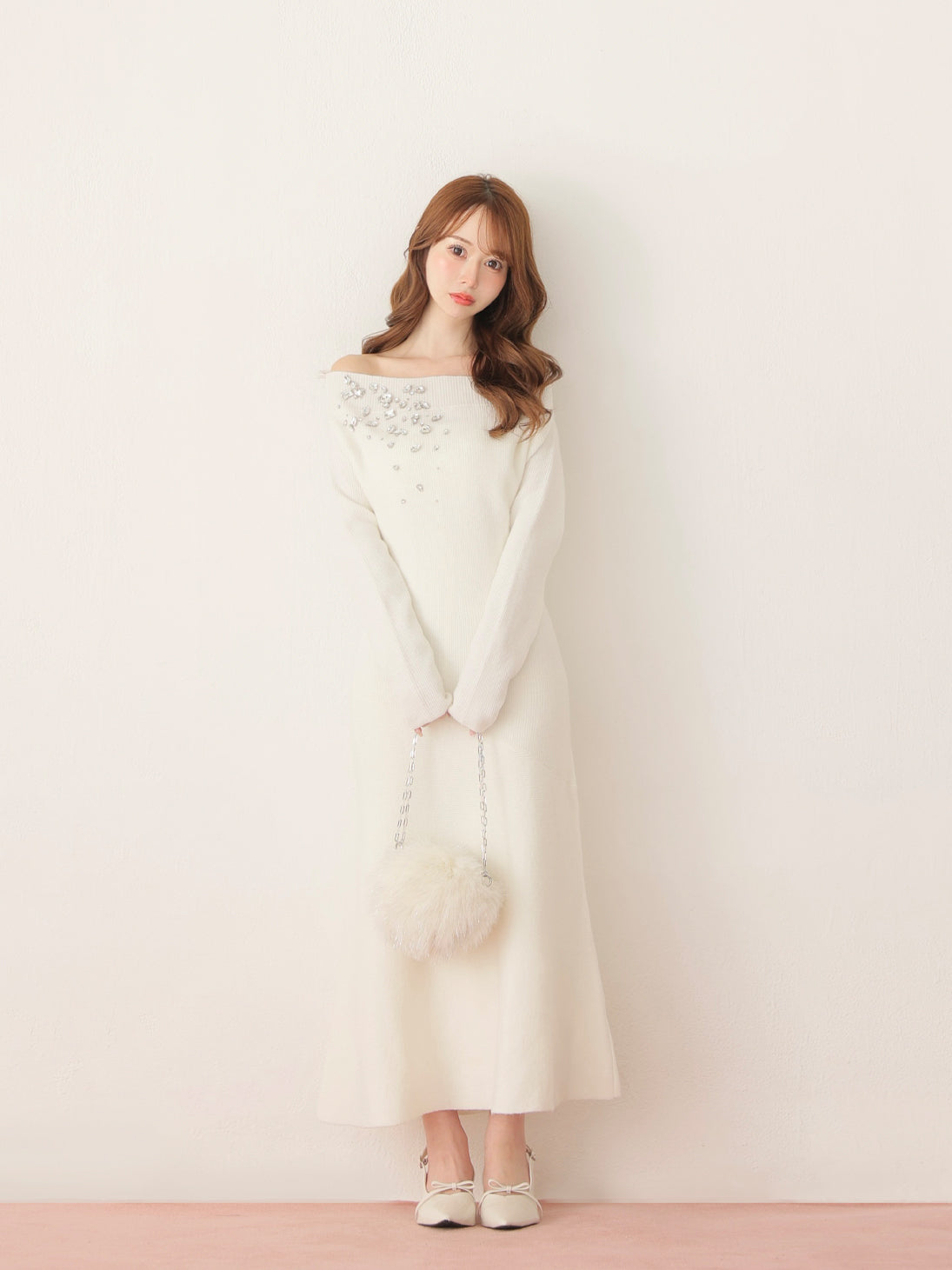 【Pre Order】Jewelry off the shoulder knit  onepiece(eme10734)