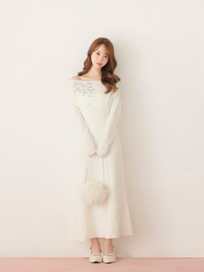 【Pre Order】Jewelry off the shoulder knit  onepiece(eme10734)