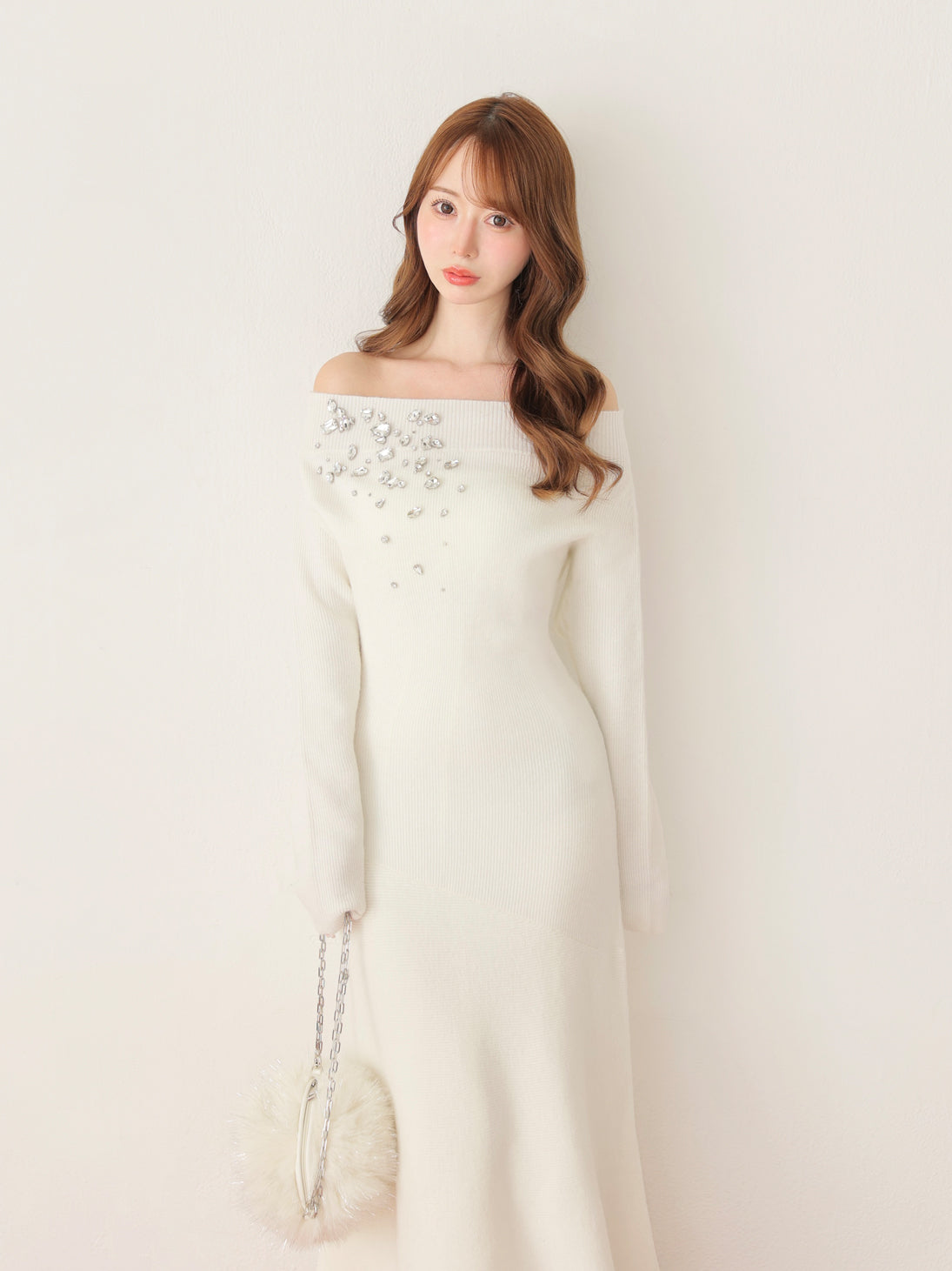 【Pre Order】Jewelry off the shoulder knit  onepiece(eme10734)
