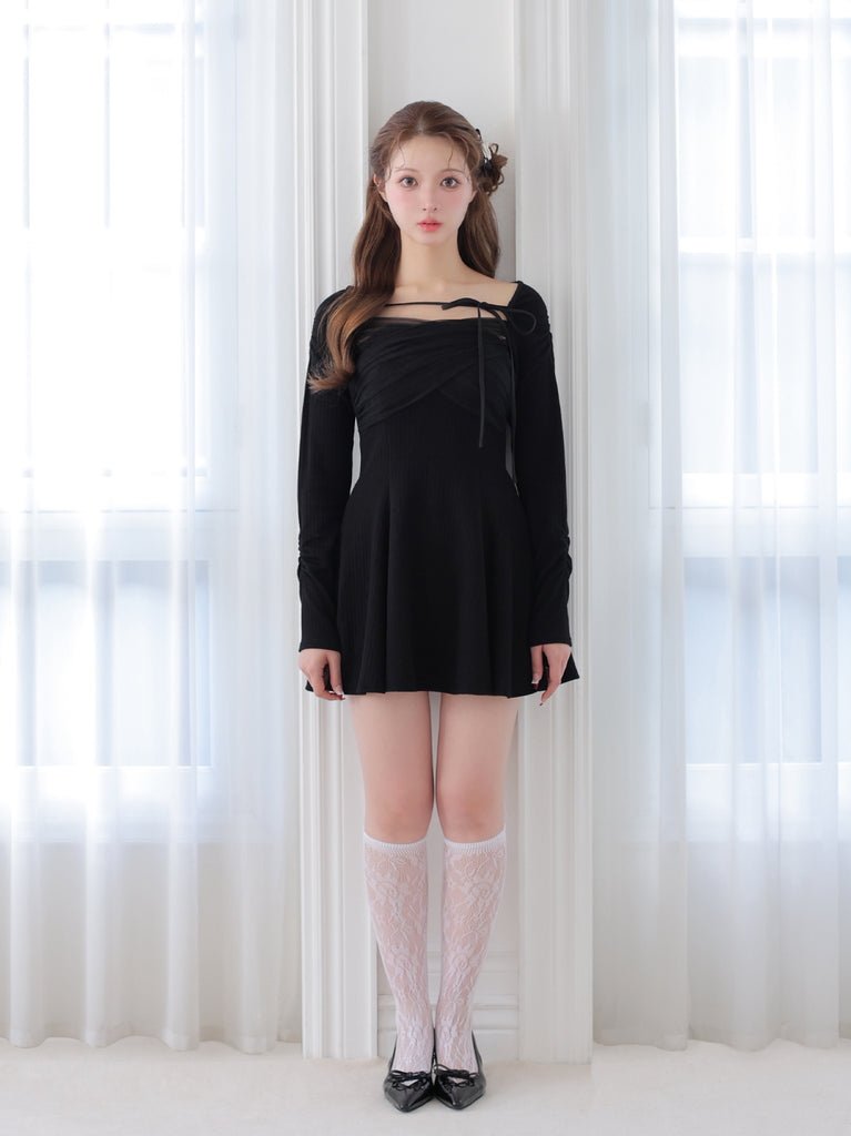 【Pre Order】Cross tulle flare mini onepiece(eme10736)