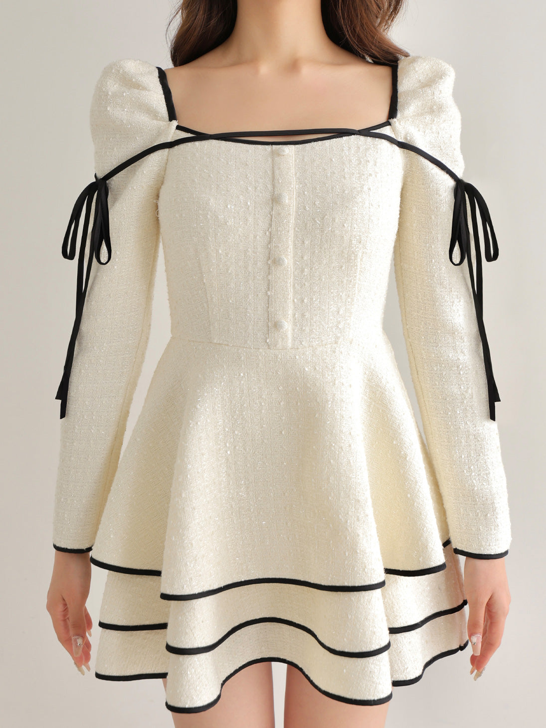 Ribbon trim tweed mini onepiece(eme10746)