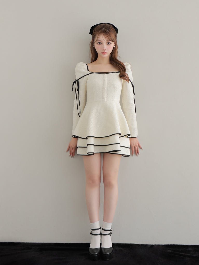 Ribbon trim tweed mini onepiece(eme10746)