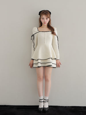 Ribbon trim tweed mini onepiece(eme10746)