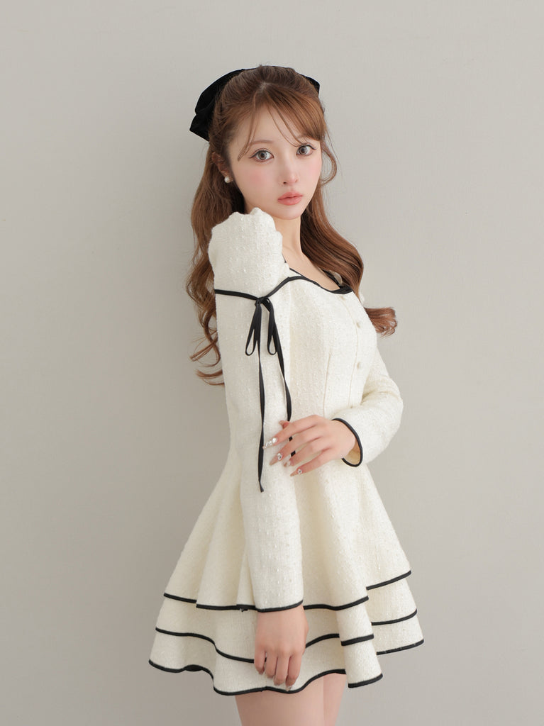 Ribbon trim tweed mini onepiece(eme10746)