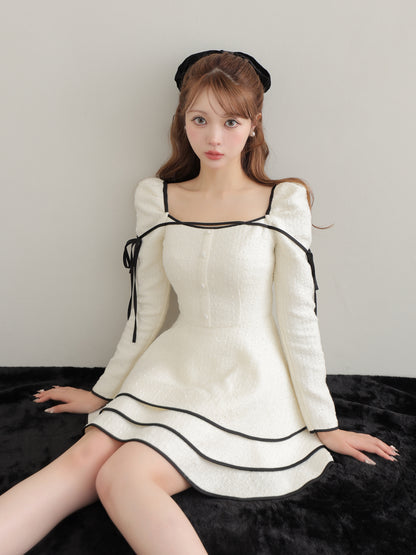 Ribbon trim tweed mini onepiece(eme10746)