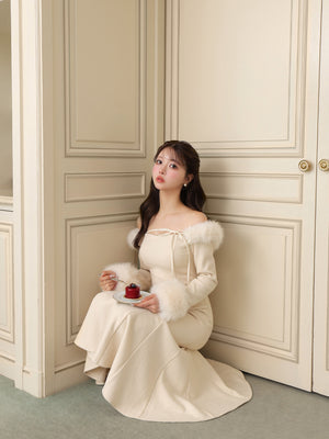 【Pre Order】Fur sleeve ribbon ｍermaid onepiece(eme10764)