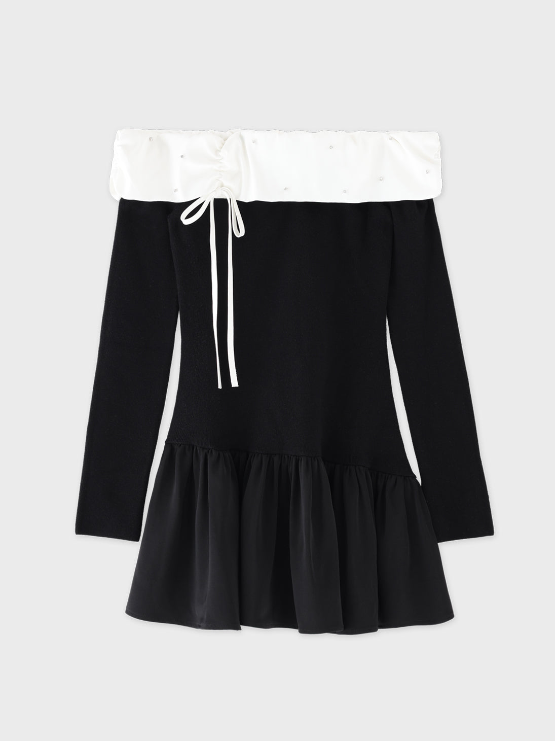 Bicolor ribbon off shoulder knit mini onepiece(eme10747)