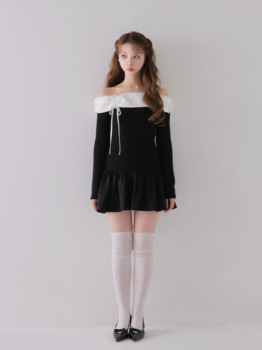 Bicolor ribbon off shoulder knit mini onepiece(eme10747)