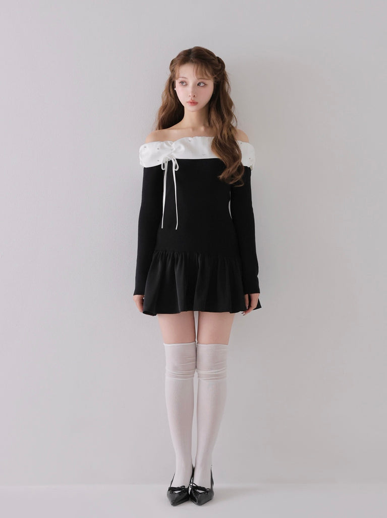 Bicolor ribbon off shoulder knit mini onepiece(eme10747)