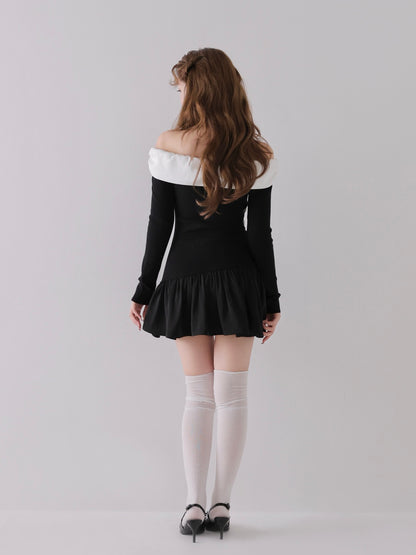 Bicolor ribbon off shoulder knit mini onepiece(eme10747)