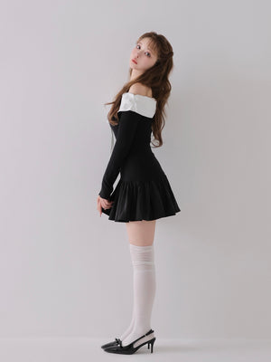 Bicolor ribbon off shoulder knit mini onepiece(eme10747)