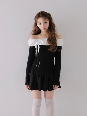Bicolor ribbon off shoulder knit mini onepiece(eme10747)