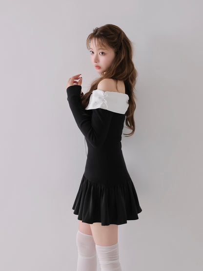 Bicolor ribbon off shoulder knit mini onepiece(eme10747)