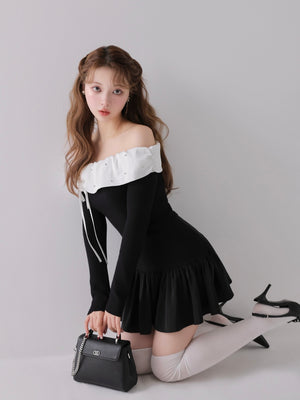 Bicolor ribbon off shoulder knit mini onepiece(eme10747)