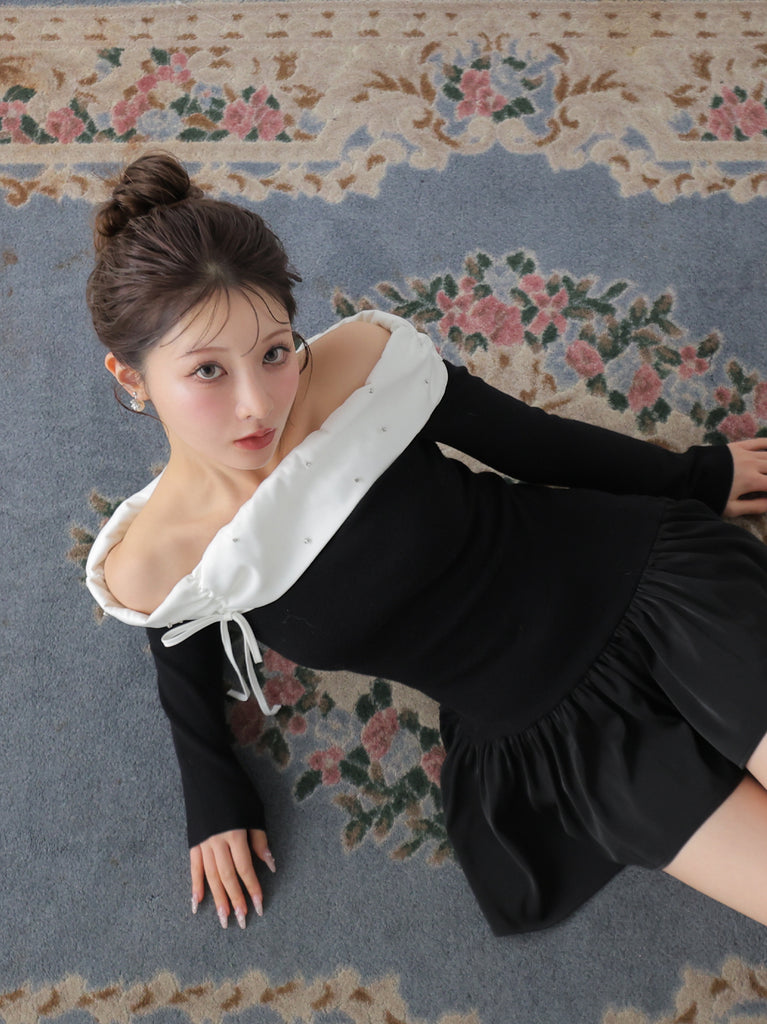 Bicolor ribbon off shoulder knit mini onepiece(eme10747)