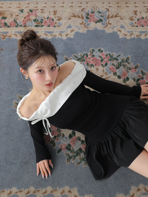 Bicolor ribbon off shoulder knit mini onepiece(eme10747)