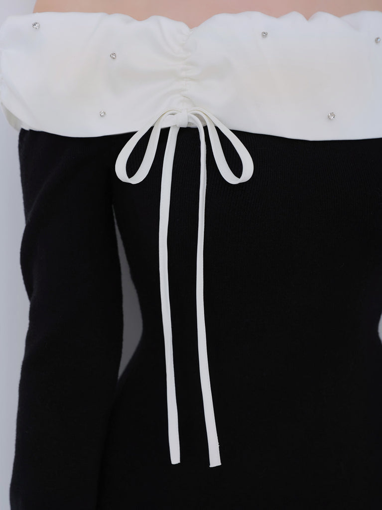 Bicolor ribbon off shoulder knit mini onepiece(eme10747)