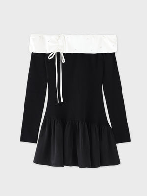 Bicolor ribbon off shoulder knit mini onepiece(eme10747)