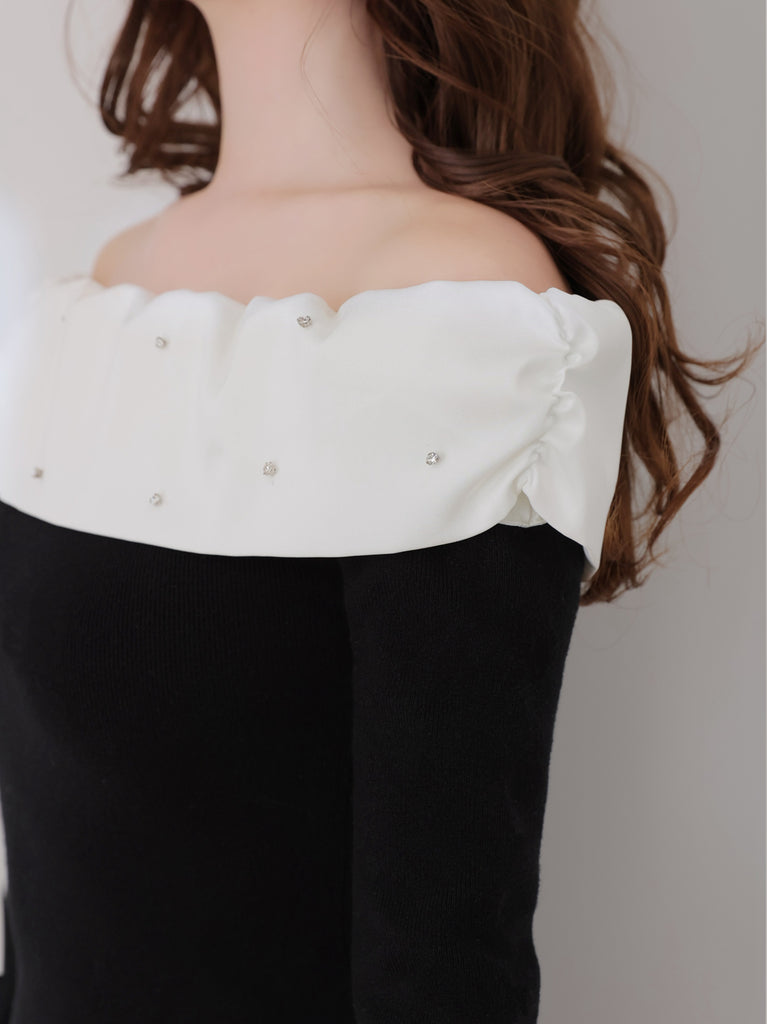 Bicolor ribbon off shoulder knit mini onepiece(eme10747)