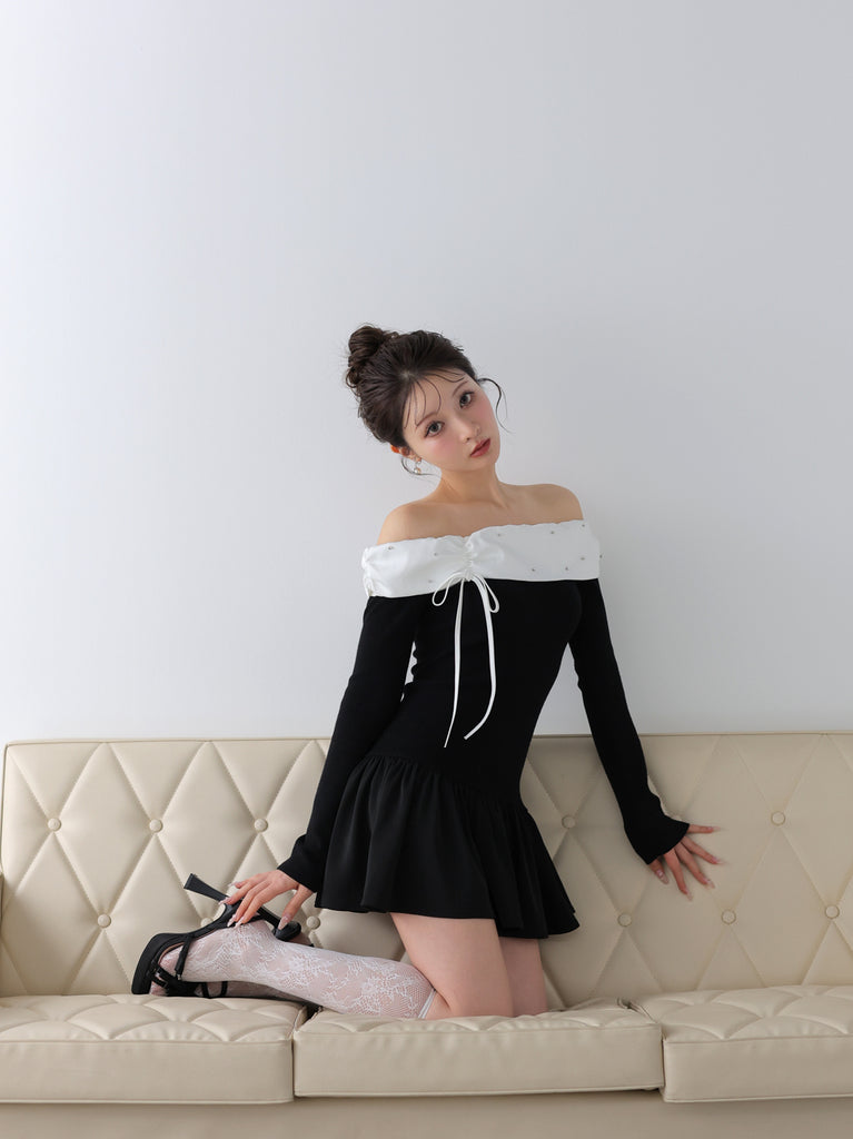 Bicolor ribbon off shoulder knit mini onepiece(eme10747)